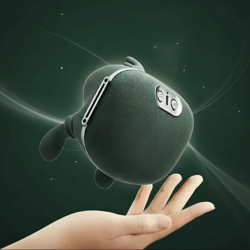 Green plush toy with a zipper on a dark background