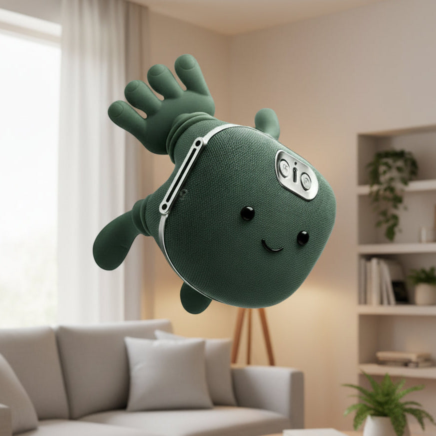 Green plush toy with a round body and extendable arm on a gray background