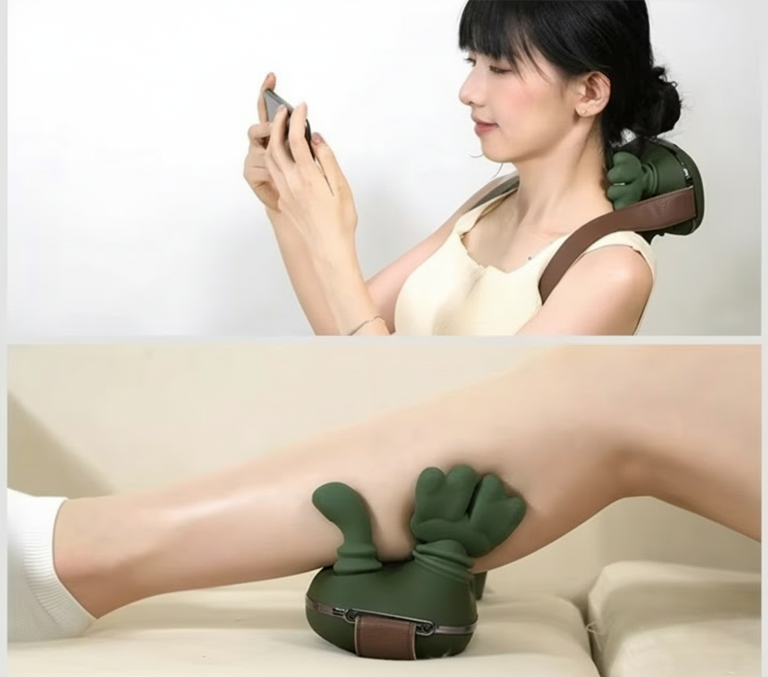 Woman using a green neck and shoulder massager with a plain background